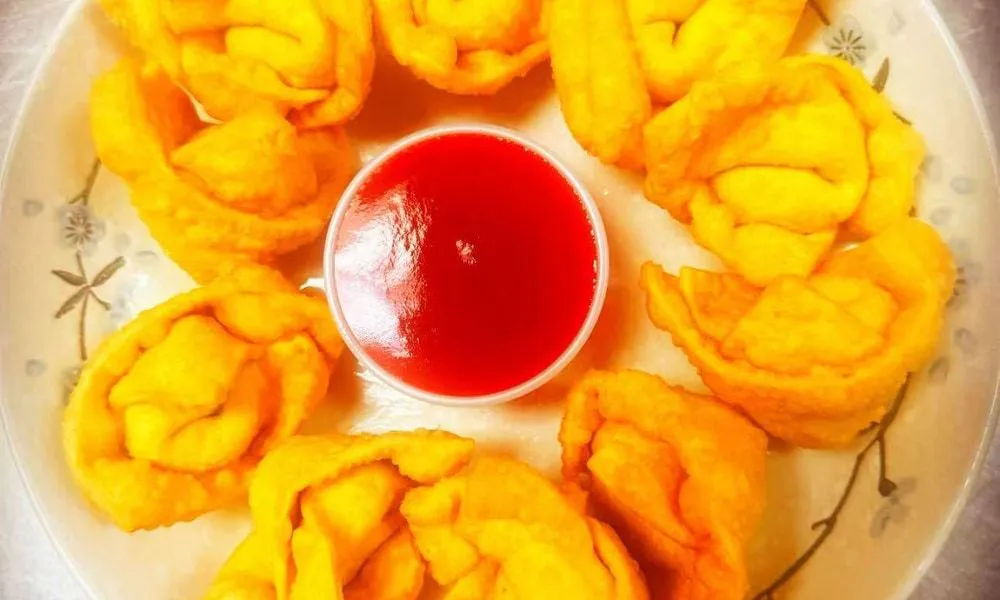 Fried dumplings Golden fried dumplings served with ketchup at Double Delight, a Chinese Restaurant restaurant in Brooklyn